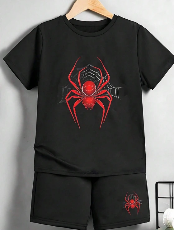 [sk2405167395350019] Conjunto para niño:  camiseta de manga corta y pantalones cortos con estampado de araña. (Negro)