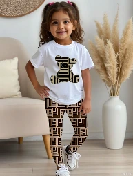 Conjunto de niña de dos piezas: camiseta de manga corta y leggings, con temática casual de oso y patrón geométrico.