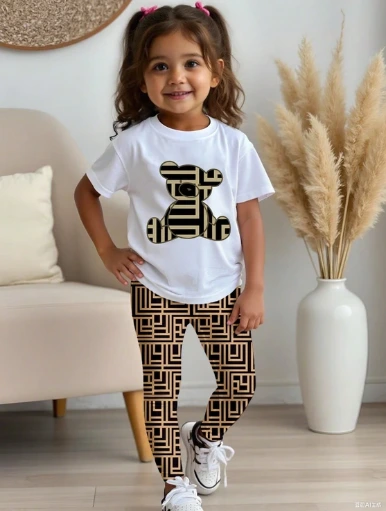 Conjunto de niña de dos piezas: camiseta de manga corta y leggings, con temática casual de oso y patrón geométrico.