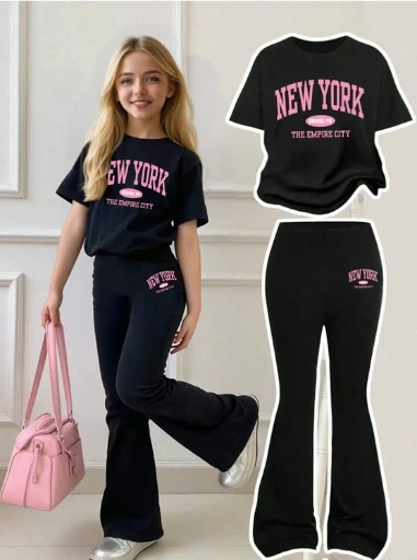 Conjunto de dos piezas para niña: camiseta de manga corta y pantalones cortos/largos con temática New York.