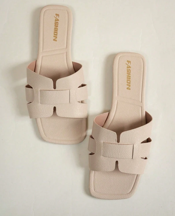 [sx25071118544608222] Sandalias planas de cuero genuino de unicolor para mujer (Beige)