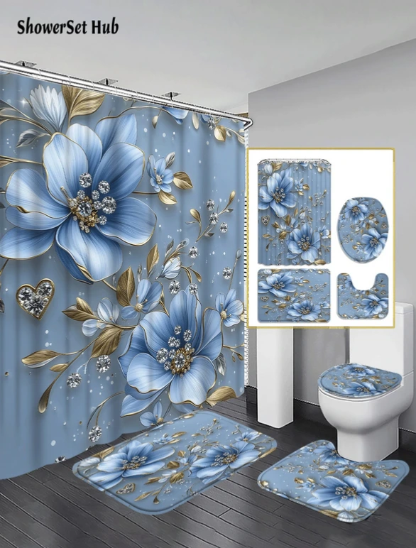 Set de baño de 4 piezas: Cortina con 12 ganchos, Tapa de inodoro, Alfombra de baño y Alfombra, con estampado de flores azules.
