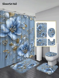 Set de baño de 4 piezas: Cortina con 12 ganchos, Tapa de inodoro, Alfombra de baño y Alfombra, con estampado de flores azules.