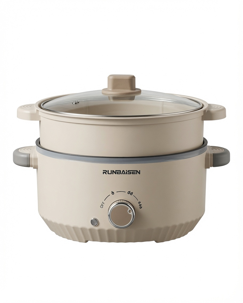 Olla Eléctrica Multifuncional RUNBAISEN 3.5L 118.35 oz Doble Capa Antiadherente con Vaporera Portátil para 2-5 Personas