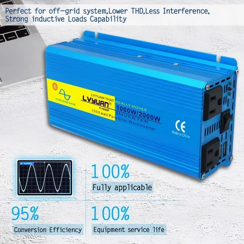 Inversor de corriente para coche de onda senoidal pura 2000W (pico)/1000W Inversor de corriente para vehículo 12V a 110V Transformador de enchufe estándar de EE. UU.