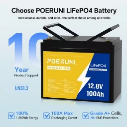 Batería LiFePO4, marca POERUNI, de 12V 100Ah. Batería de Litio de Ciclo Profundo de 1280Wh con BMS de 100A, Celdas de Grado A+.