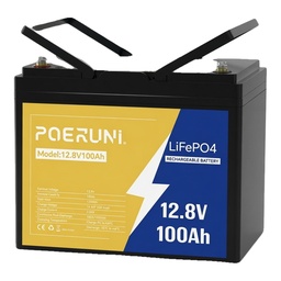 Batería LiFePO4, marca POERUNI, de 12V 100Ah. Batería de Litio de Ciclo Profundo de 1280Wh con BMS de 100A, Celdas de Grado A+.