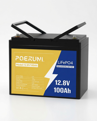Batería LiFePO4, marca POERUNI, de 12V 100Ah. Batería de Litio de Ciclo Profundo de 1280Wh con BMS de 100A, Celdas de Grado A+.