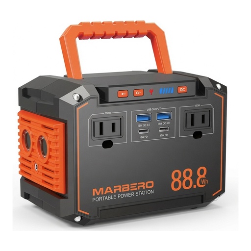 Estación de Energía Portátil MARBERO 88.8Wh – 2 Tomas CA, USB QC3.0/PD, Linterna LED y Compatible con Panel Solar 30W para Camping y Emergencias