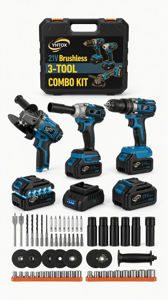 Kit Combinado 3 Herramientas Inalámbricas YHTOX 21V Brushless 6000mAh Taladro Percusión Impacto Amoladora con Batería y Cargador