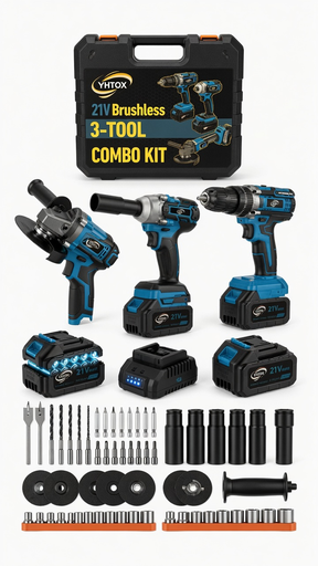 Kit Combinado 3 Herramientas Inalámbricas YHTOX 21V Brushless 6000mAh Taladro Percusión Impacto Amoladora con Batería y Cargador