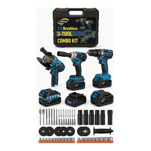 Kit Combinado 3 Herramientas Inalámbricas YHTOX 21V Brushless 6000mAh Taladro Percusión Impacto Amoladora con Batería y Cargador