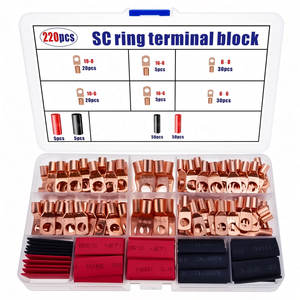 Kit 220 Piezas Terminales de Anillo SC Cobre para Cables de Batería Vehículos Barcos con Termorretráctil