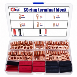 Kit 220 Piezas Terminales de Anillo SC Cobre para Cables de Batería Vehículos Barcos con Termorretráctil