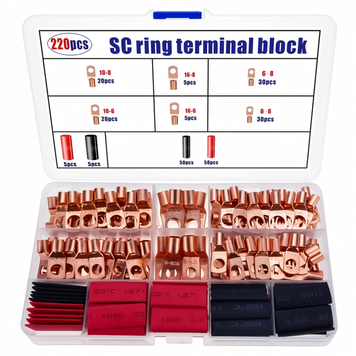 Kit 220 Piezas Terminales de Anillo SC Cobre para Cables de Batería Vehículos Barcos con Termorretráctil