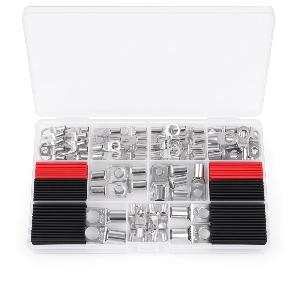 150 conectores de terminal, terminales de cable de cobre, utilizados en cable AWG12-10 8 6 4 2, juego de termo retráctil, ojales de cobre desnudo, conectores de terminales de anillo, 64 terminales de cable para batería y 86 tubos termorretráctiles