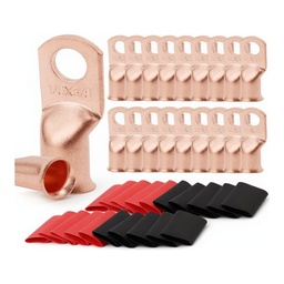 40 Piezas Terminales de Batería de Cobre 1/0 AWG - 3/8" + Fundas Termorretráctiles 4:1 (Rojo/Negro) – Bornes de Anillo para Cables de Alta Corriente