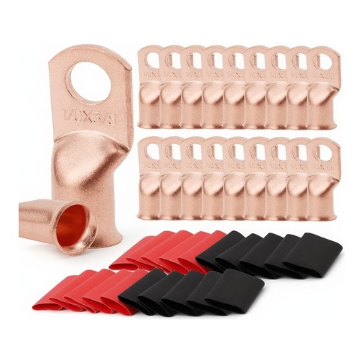 40 Piezas Terminales de Batería de Cobre 1/0 AWG - 3/8" + Fundas Termorretráctiles 4:1 (Rojo/Negro) – Bornes de Anillo para Cables de Alta Corriente