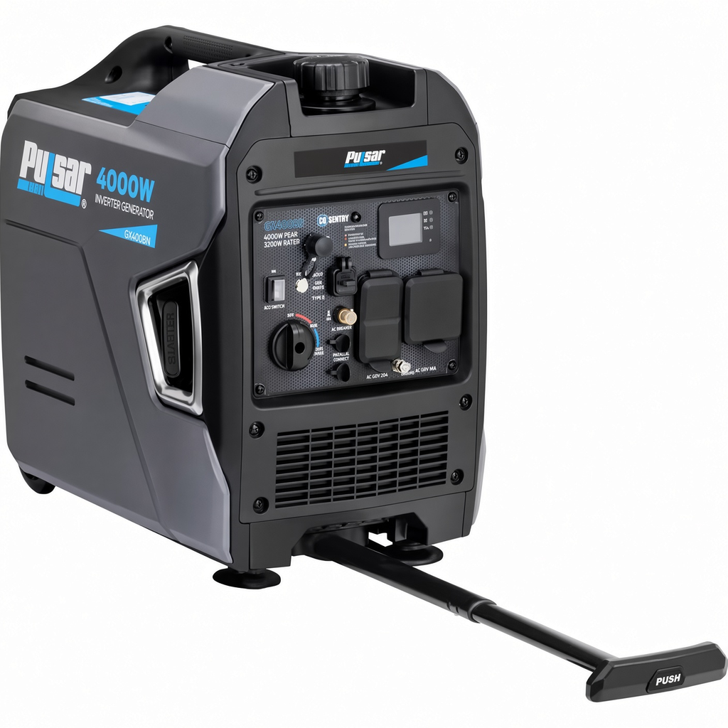 Pulsar Products GX400BN, 4000W portátil ultrasilencioso de doble combustible y capacidad paralela, listo para autocaravana, con asa y ruedas, con CO