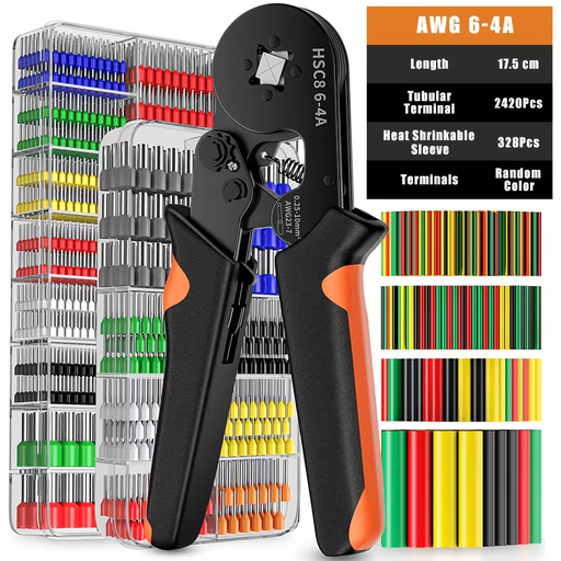 Juego de herramientas de crimpado 6-4A de 2449 piezas/Juego de herramientas de crimpado 6-6A de 2449 piezas con mecanismo de trinquete autoajustable. Alicates de crimpadora de cables, terminales de cable con 2120 conectores de cable y 328 fundas termorretráctiles, cableado eléctrico industrial automotriz - Ideal para electricistas