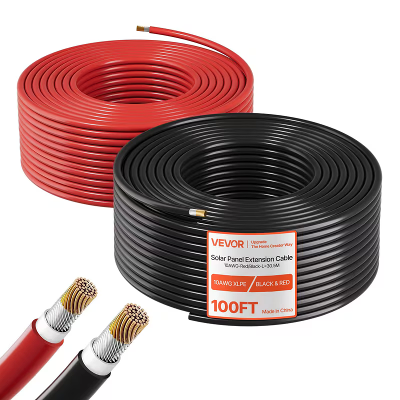Cable de Panel Solar VEVOR, Kit 100 pies + 100 pés Rojo, 10 AWG (6 mm²) Extensión para Paneles Solares, Alambre Cobre Estañado PV, Para Sistemas Fotovoltaicos Off-Grid en Hogares y Automóviles, ¡Barco RV Marina!