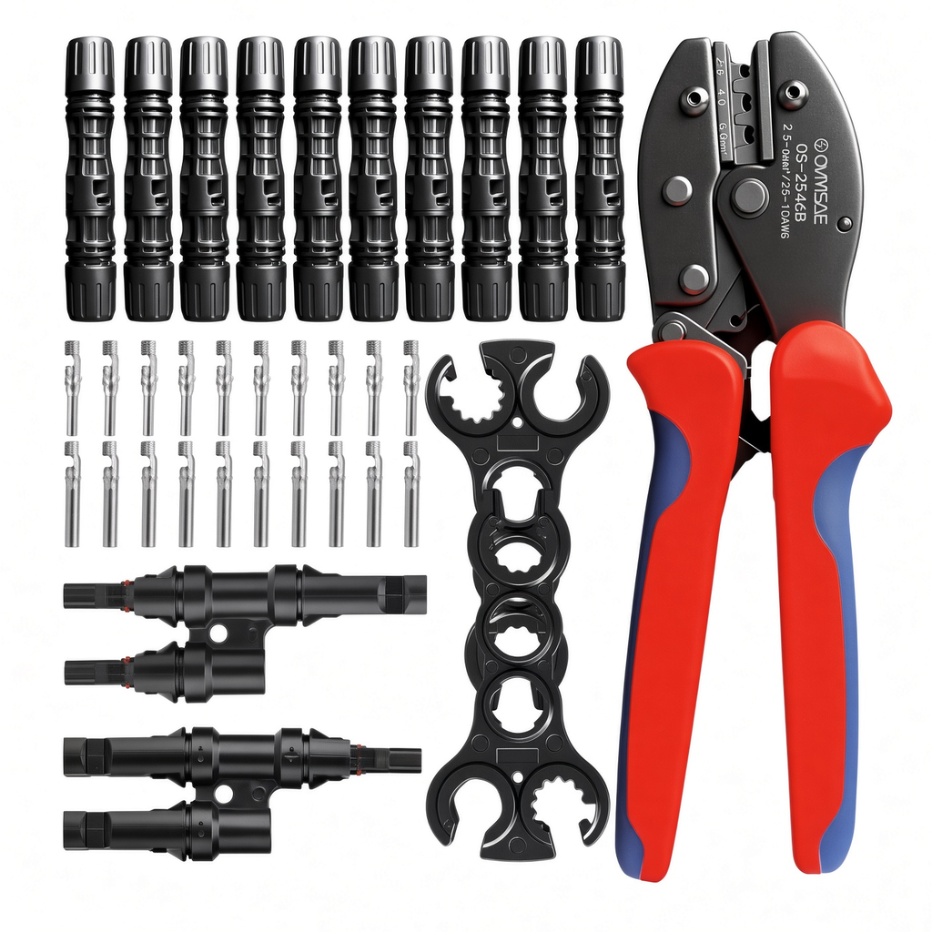 Kit de Crimpado Solar MC4 24 Piezas OYMSAE con Crimpadora Trinquete 10-14AWG