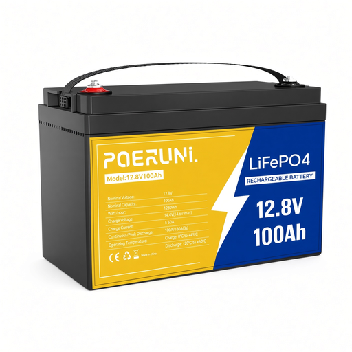 Batería de Litio LiFePO4 POERUNI 12.8V 100Ah 1280Wh con BMS 100A Recargable