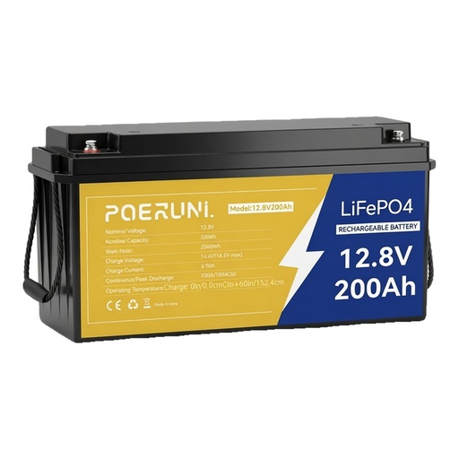 Batería LiFePO4 Smart POERUNI 12.8V 200Ah – BMS 200A, Celdas Grado A+, Más de 15.000 Ciclos para Solar, RV, Golf Cart y Marina