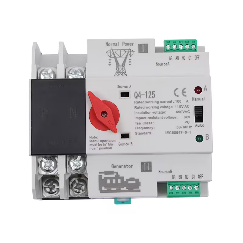 Nuevo interruptor de transferencia automático de grado industrial para generadores, con fuente de alimentación dual y capacidad de 100A. Este ATS garantiza una transferencia de energía fluida y protección de circuitos para generadores de respaldo.
