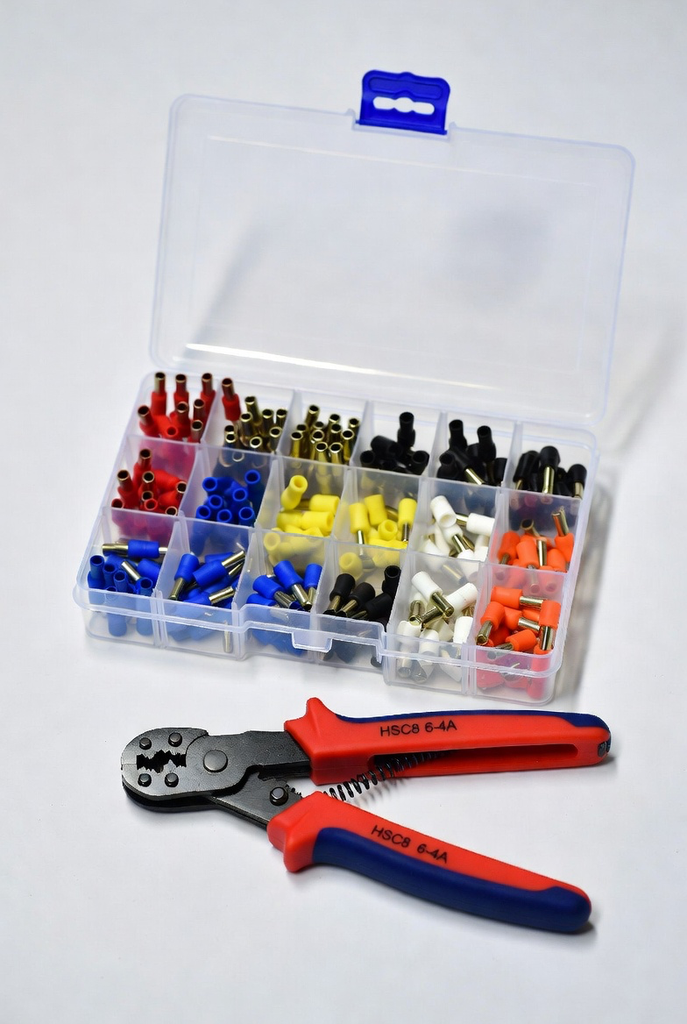 Kit 200 Terminales Europeos Aislados (E0508 + E1508 + E2508 + E4009) + Pinza de Crimpar HSC8 6-4A – Caja Organizadora de Ferrules PVC para Cables Eléctricos