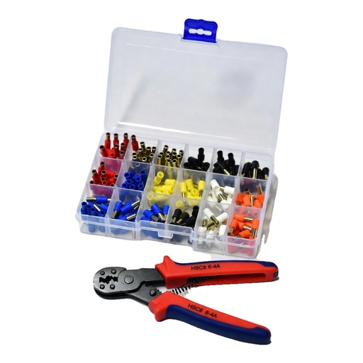 Kit 200 Terminales Europeos Aislados (E0508 + E1508 + E2508 + E4009) + Pinza de Crimpar HSC8 6-4A – Caja Organizadora de Ferrules PVC para Cables Eléctricos