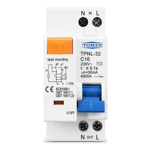 Interruptor Diferencial RCBO TOMZN TPNL 1P+N 32A 30mA 230V Protección Fugas