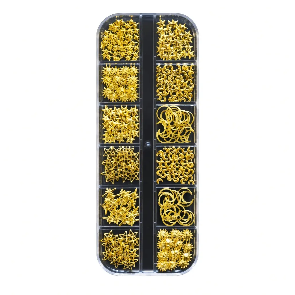 Caja de 12 rejillas de tachuelas doradas para uñas