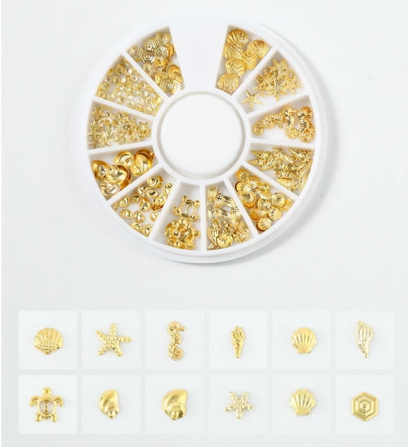 [sb2107220159065217] 1 caja circular de 12 rejillas de tachuelas para decoración de uñas. Diseño veraniego y marino.