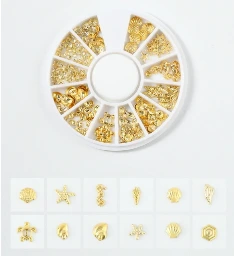 1 caja circular de 12 rejillas de tachuelas para decoración de uñas. Diseño veraniego y marino.