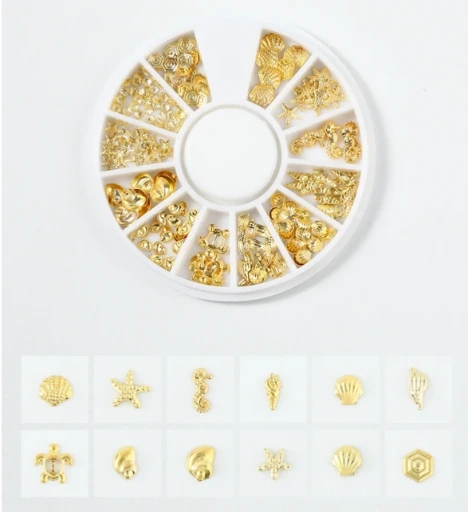 1 caja circular de 12 rejillas de tachuelas para decoración de uñas. Diseño veraniego y marino.