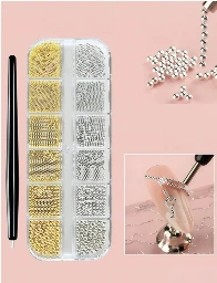 Set de Bolígrafo magnético y 1 caja de 12 ranuras con colgantes de metal dorado y plateado, perlas de caviar mini.