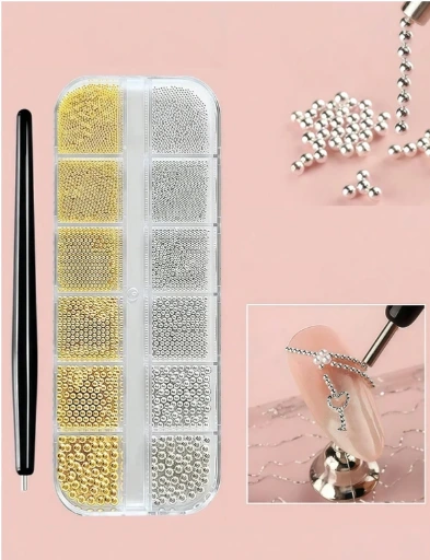 Set de Bolígrafo magnético y 1 caja de 12 ranuras con colgantes de metal dorado y plateado, perlas de caviar mini.