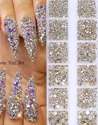 1 caja de 12 rejillas con piedras para arte de uñas, tamaño de 1.5mm a 5mm.