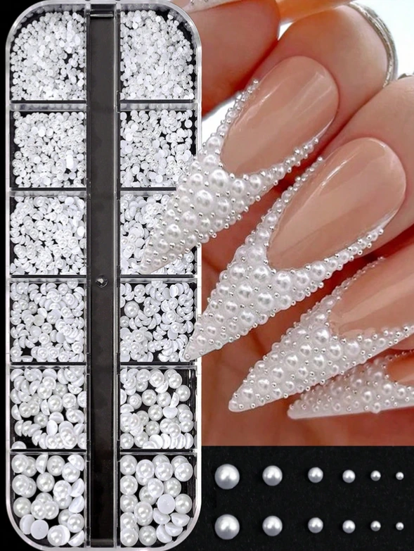 [sb25052626224850522] 1 caja de 12 rejillas con perlas blancas 3D en forma de semicírculo, perlas caviar, para decoración de uñas.