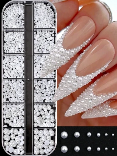 1 caja de 12 rejillas con perlas blancas 3D en forma de semicírculo, perlas caviar, para decoración de uñas.