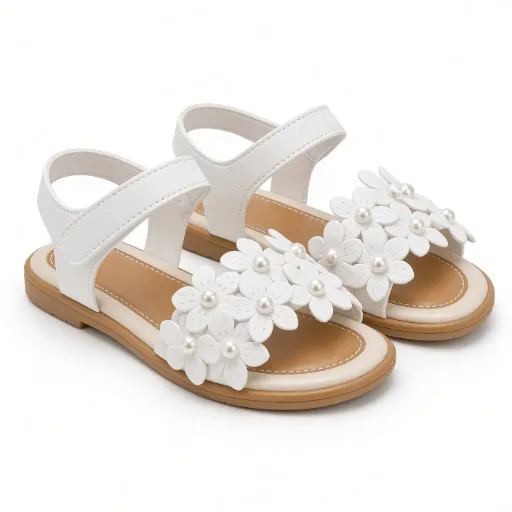 Sandalias Blancas Niñas Flores Perlas Tira Velcro Verano Playa Uso Diario