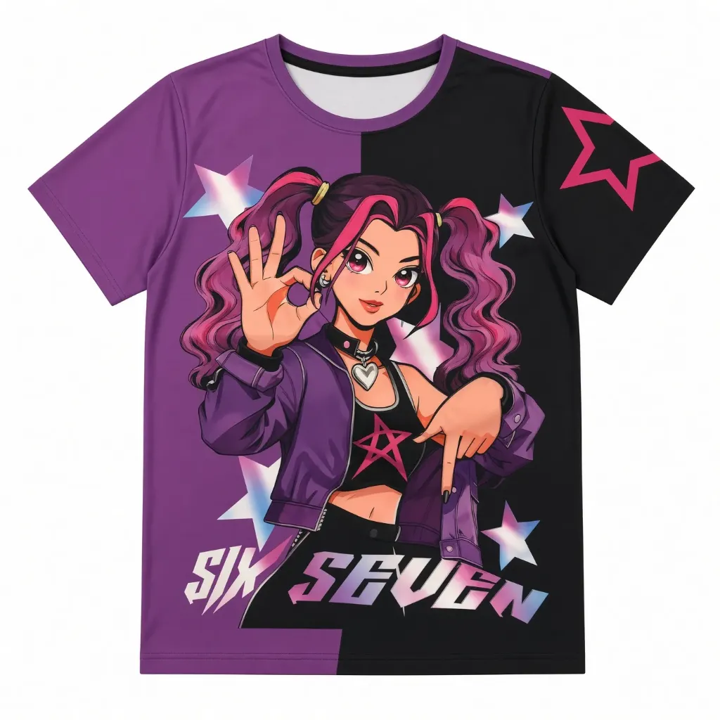 Camiseta Estampada Anime Six Seven Morado Negro Manga Corta Uso Diario