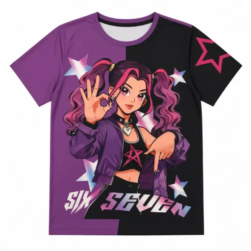 Camiseta Estampada Anime Six Seven Morado Negro Manga Corta Uso Diario
