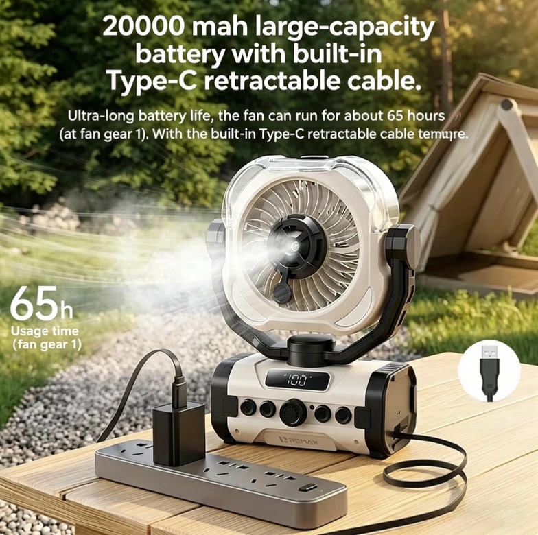 Ventilador REMAX de exterior RS-ZF20: batería de gran capacidad de 20000 mAh, autonomía de 60 horas, montaje en pared / posición de pie, mando a distancia con pantalla digital.
