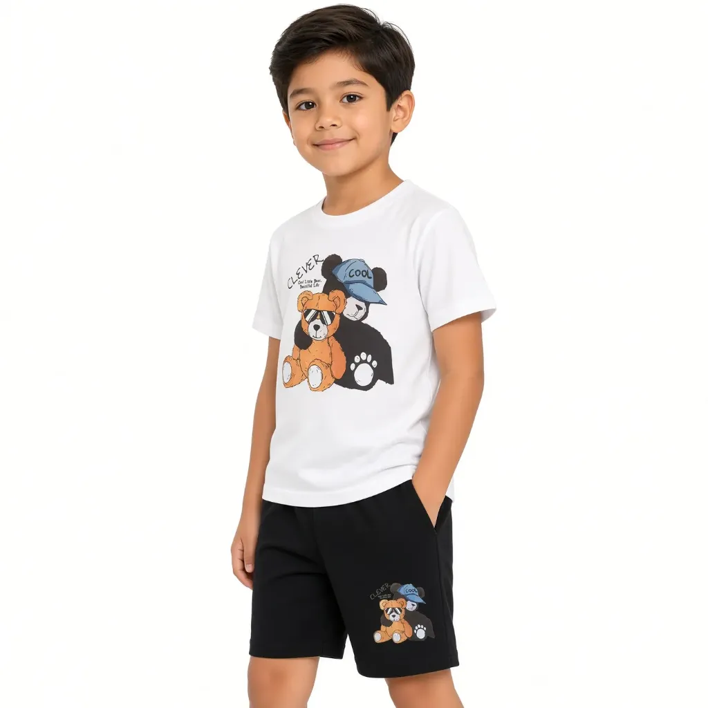 Conjunto Infantil Camiseta Osos Clever Short Negro Uso Diario Niño