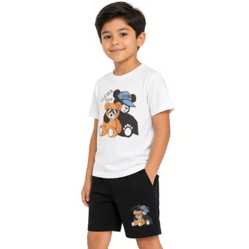 Conjunto Infantil Camiseta Osos Clever Short Negro Uso Diario Niño