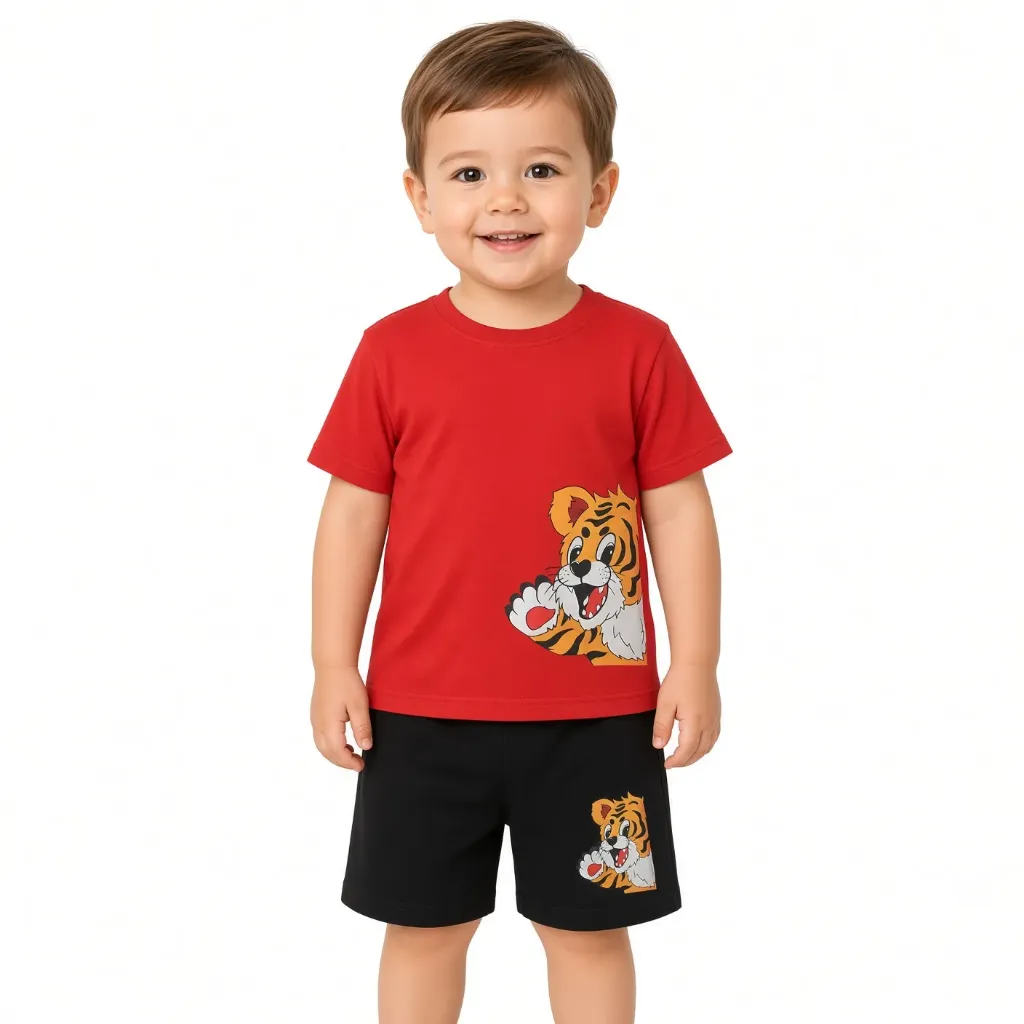 Conjunto Infantil Camiseta Tigre Roja Short Negro Uso Diario Niño