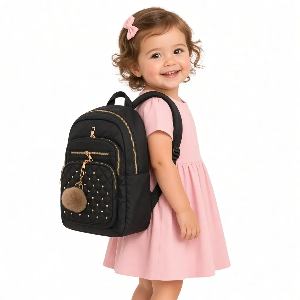 Mochila Negra Acolchada Tachas Doradas Pompón Uso Diario Escuela