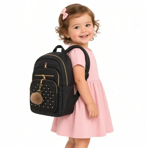 Mochila Negra Acolchada Tachas Doradas Pompón Uso Diario Escuela